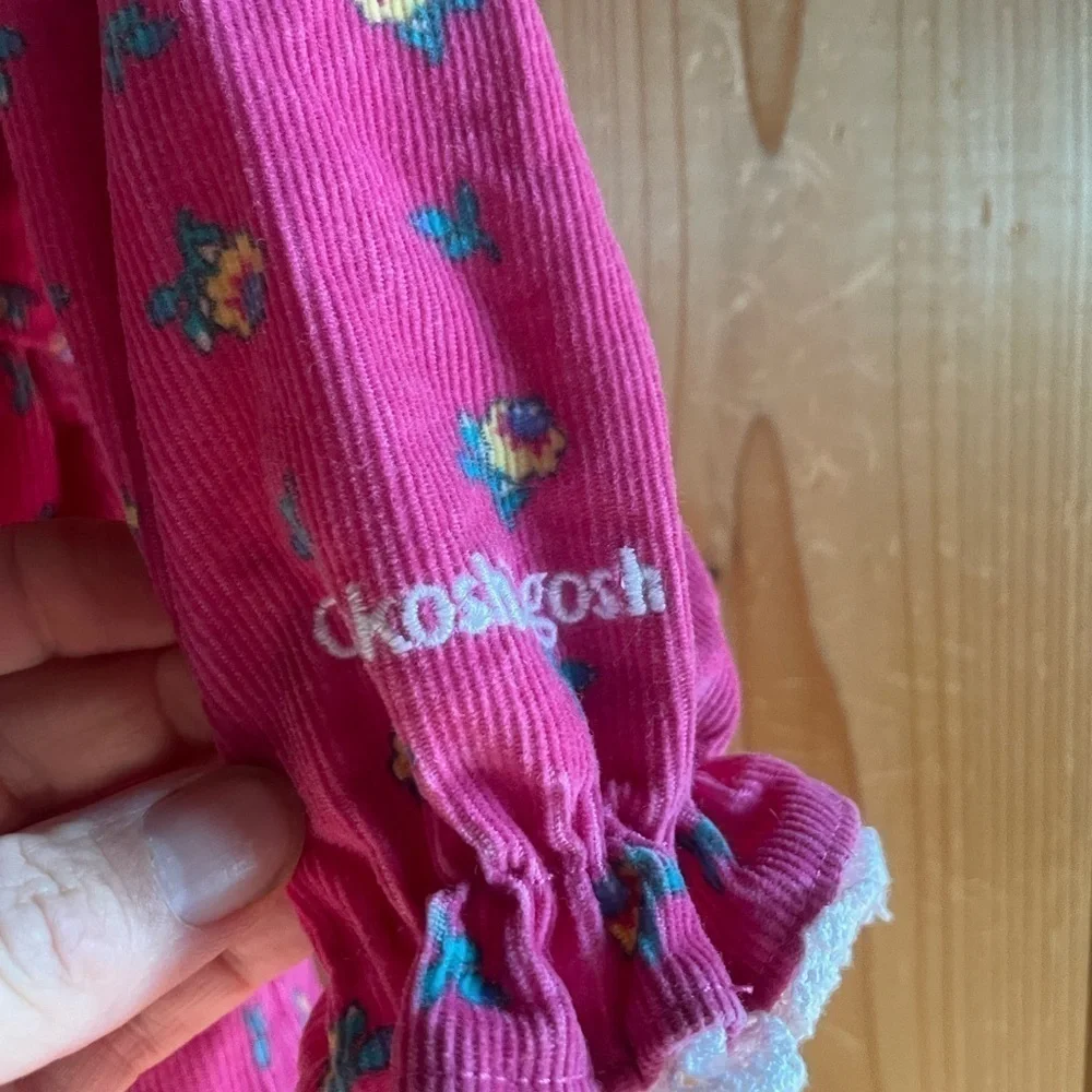 Vtg Oshkosh Bgosh Toddler Girls Pink Corduroy Floral Ruffle Long Sleeve Dress